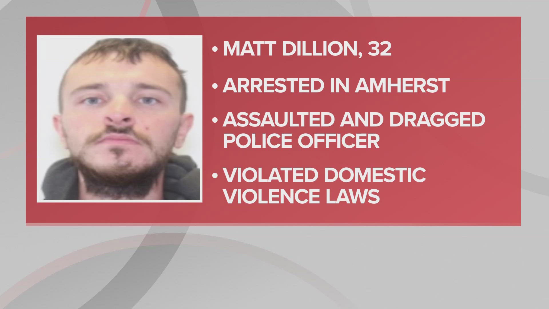 Authorities say Matt Dillion, 32, violated Ohio's domestic violence laws and dragged a police officer by his pickup truck while evading arrest.