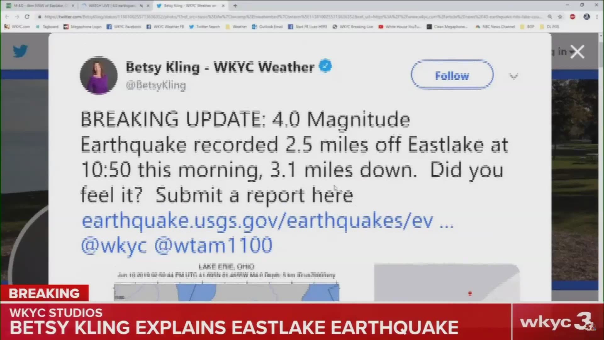 June 10, 2019: Did you feel it? WKYC Chief Meteorologist Betsy Kling confirmed a 4.0 earthquake rattled Northeast Ohio near Eastlake at 10:50 a.m. Monday. Kling said the quake itself was recorded 2.5 miles off Eastlake 3.1 miles deep.