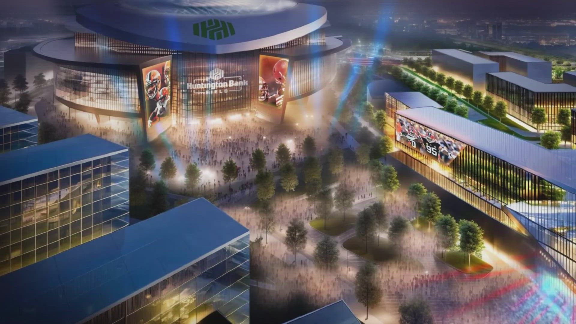 Renderings show plans for a 70,000-seat domed stadium, hotels, retail, parking, and residential area at the site of the current Burke Lakefront Airport.