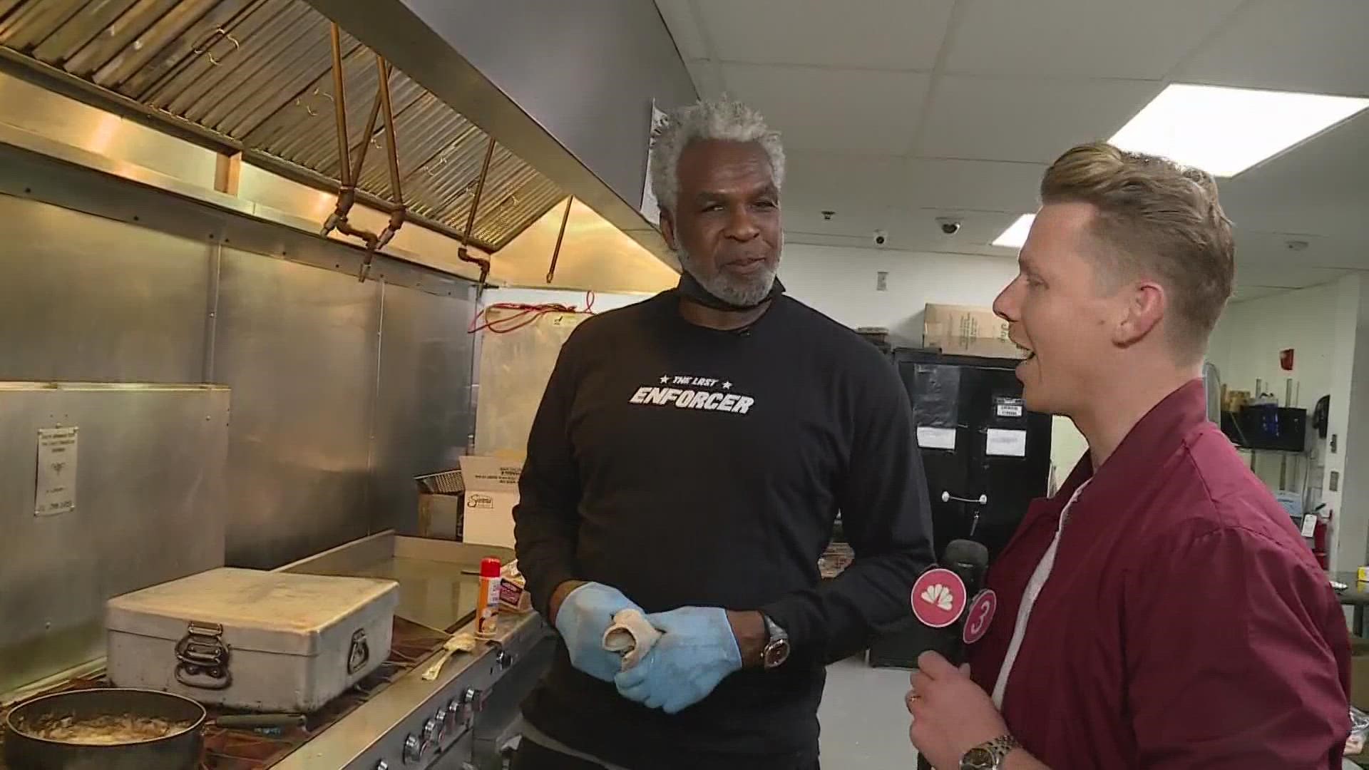NBA legend and Cleveland native Charles Oakley gave back to the Cleveland community by cooking for the homeless in Cleveland.