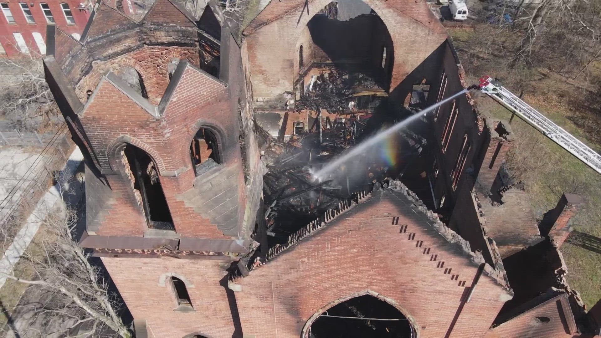 No injuries were reported as firefighters battled flames at the vacant church, built in 1872. The city of Cleveland says it will demolish the building.
