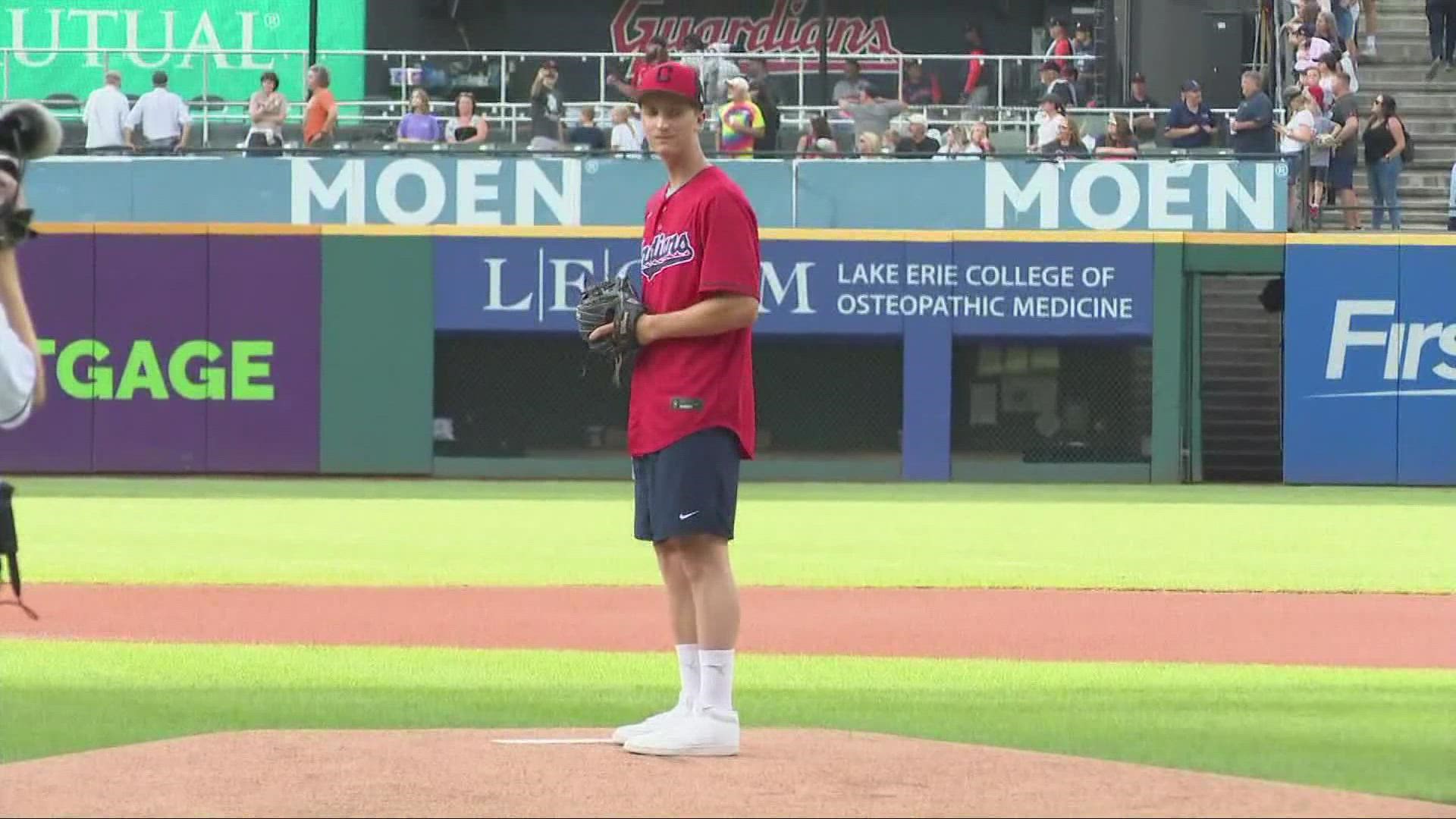 St. Ignatius student Robbie Boyce, who went through a grueling recovery after suffering a stroke, threw the first pitch at tonight's Cleveland Guardians game.