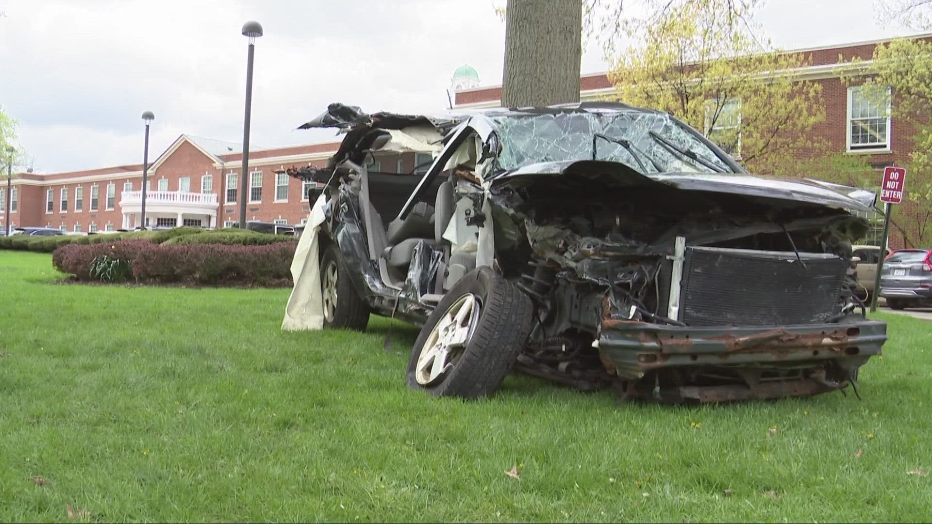 Along with a driving safety seminar, police also displayed a smashed car from an earlier accident on the front lawn outside Shaker Heights High School.