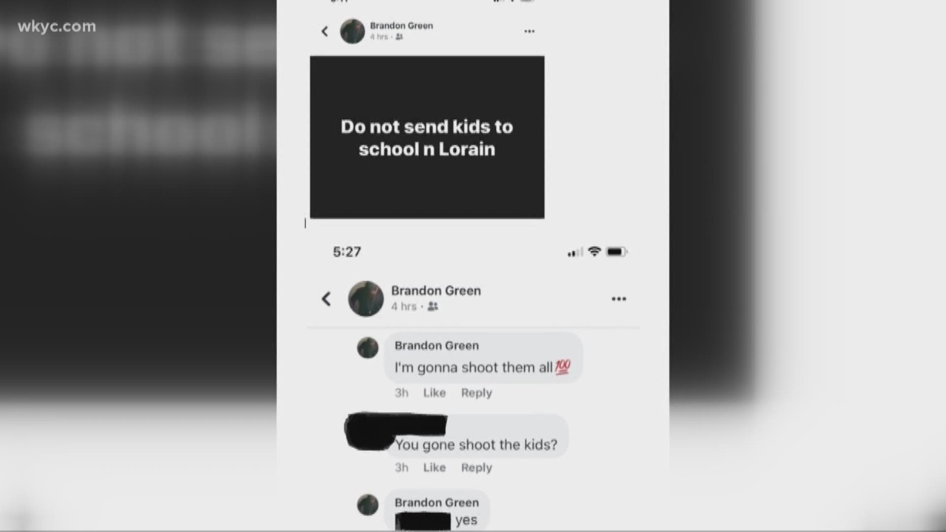Feb. 20, 2019: Police arrested an Elyria man after he posted Facebook threats to shoot Lorain students. Police were alerted to the posts after Brandon Green's account posted, 'Do not send kinds to school n Lorain' and 'I'm gonna shoot them all.'