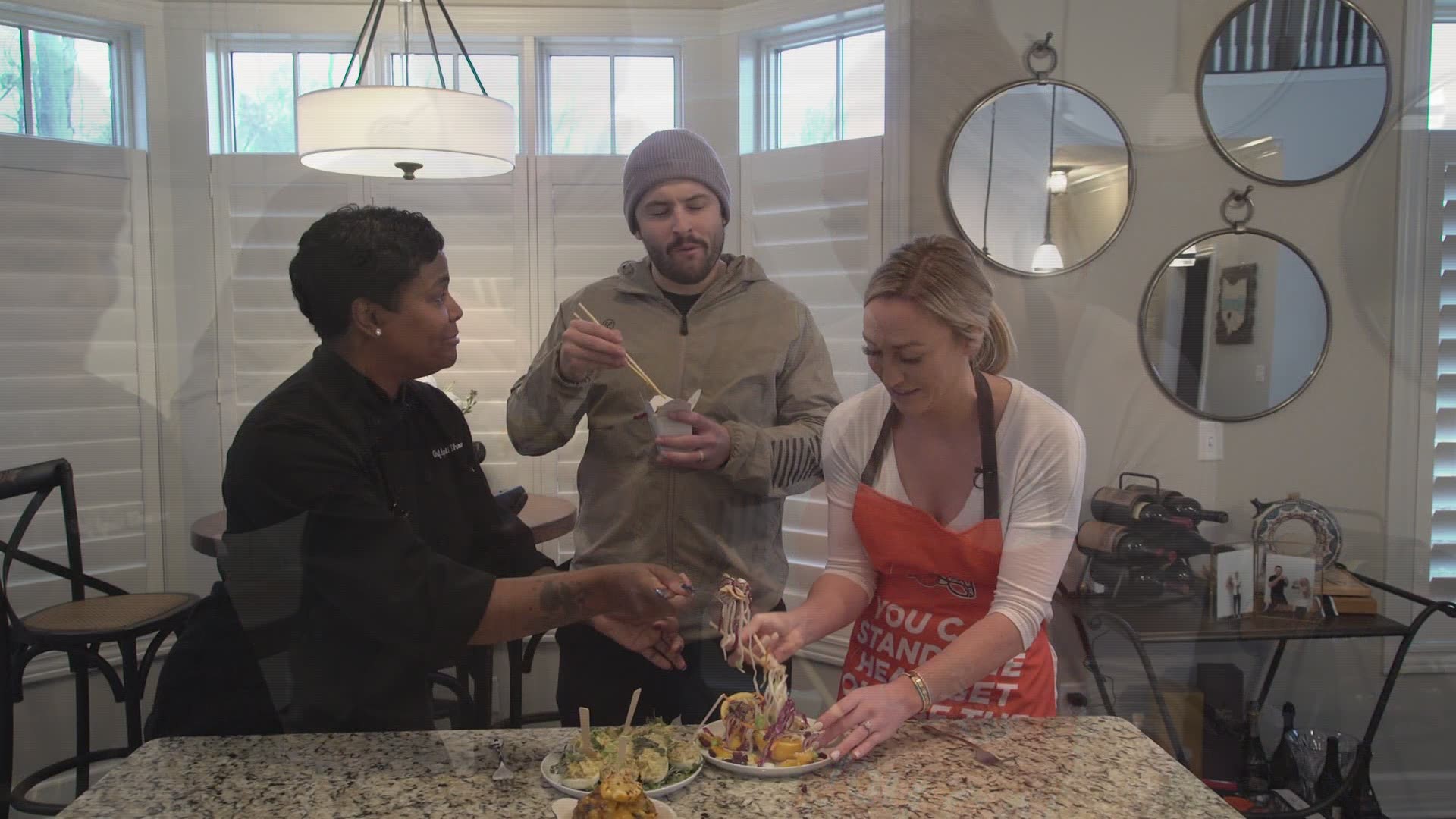 Preview: Emily Mayfield and chef April Thompson made some healthy appetizers ahead of Thanksgiving. Baker gave his seal of approval.