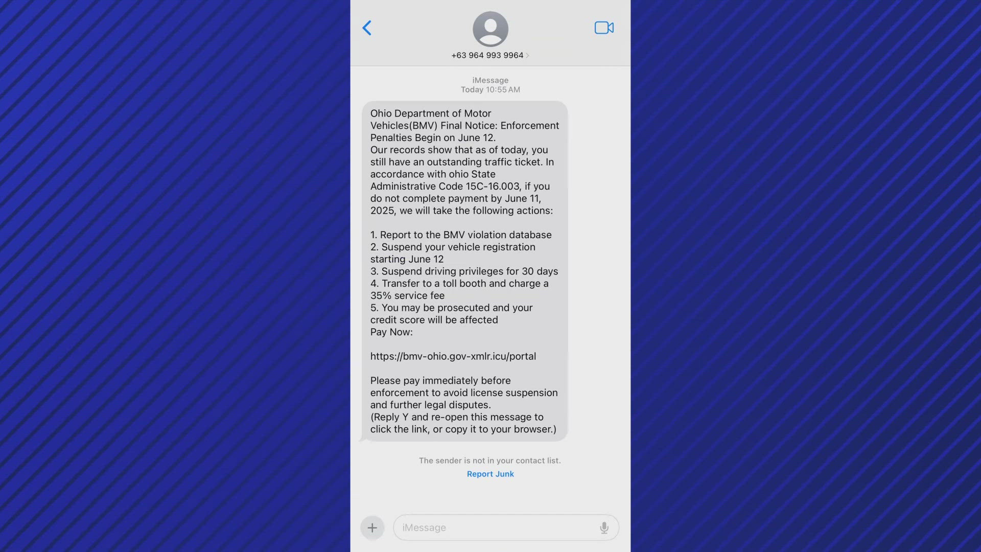 The Ohio Bureau of Motor Vehicles said the text messages, which demand urgent payment, are a phishing attempt and have been reported by drivers nationwide.