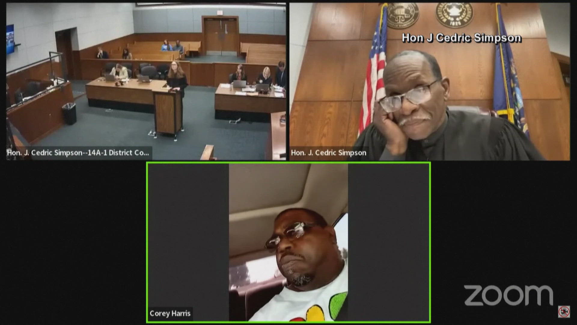 The judge immediately interjected when Corey Harris joined his May 15 court hearing via Zoom with a visible seatbelt, clearly driving a car.
