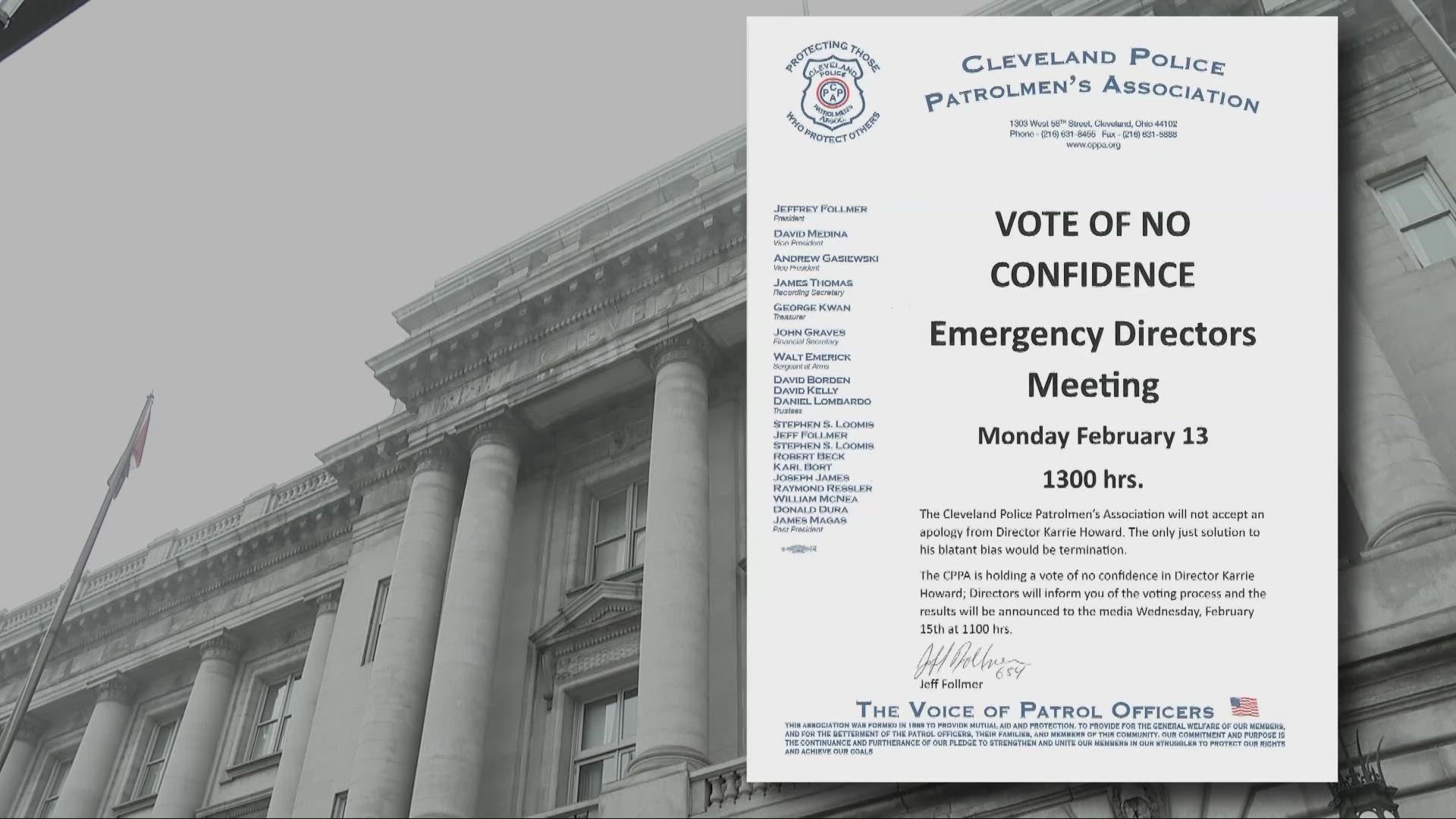 Monday's scheduled vote of no confidence comes after the union says Howard made "blatant bias" comments about the Irish history of the police department.