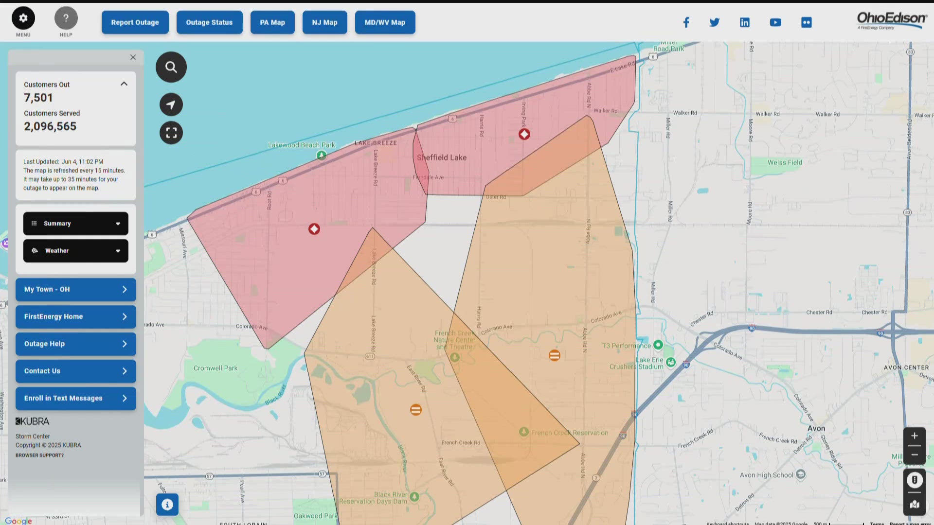 FirstEnergy reports just under 7,000 affected customers, with most outages concentrated in Lorain, Sheffield and Sheffield Lake.