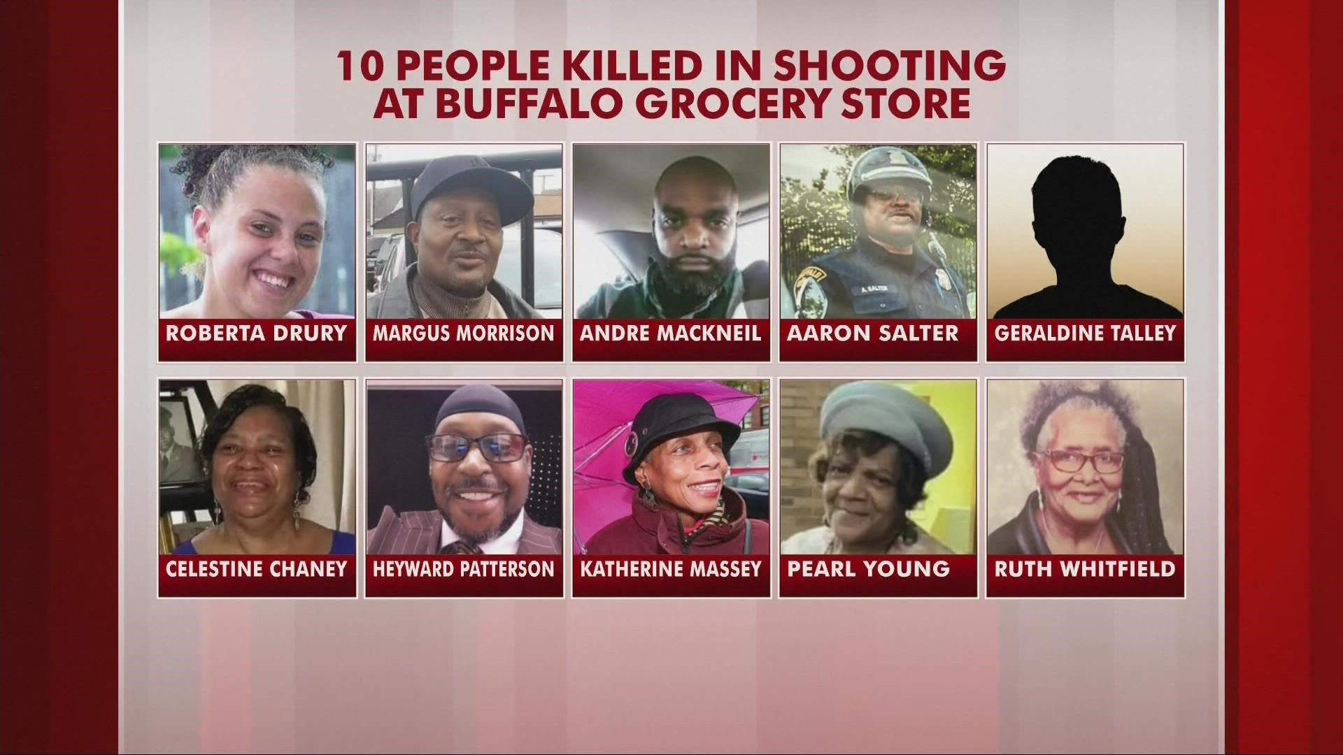 Ten people, including a retired Buffalo Police officer, were killed and three were wounded in a shooting Saturday afternoon at the Tops Market on Jefferson Ave.