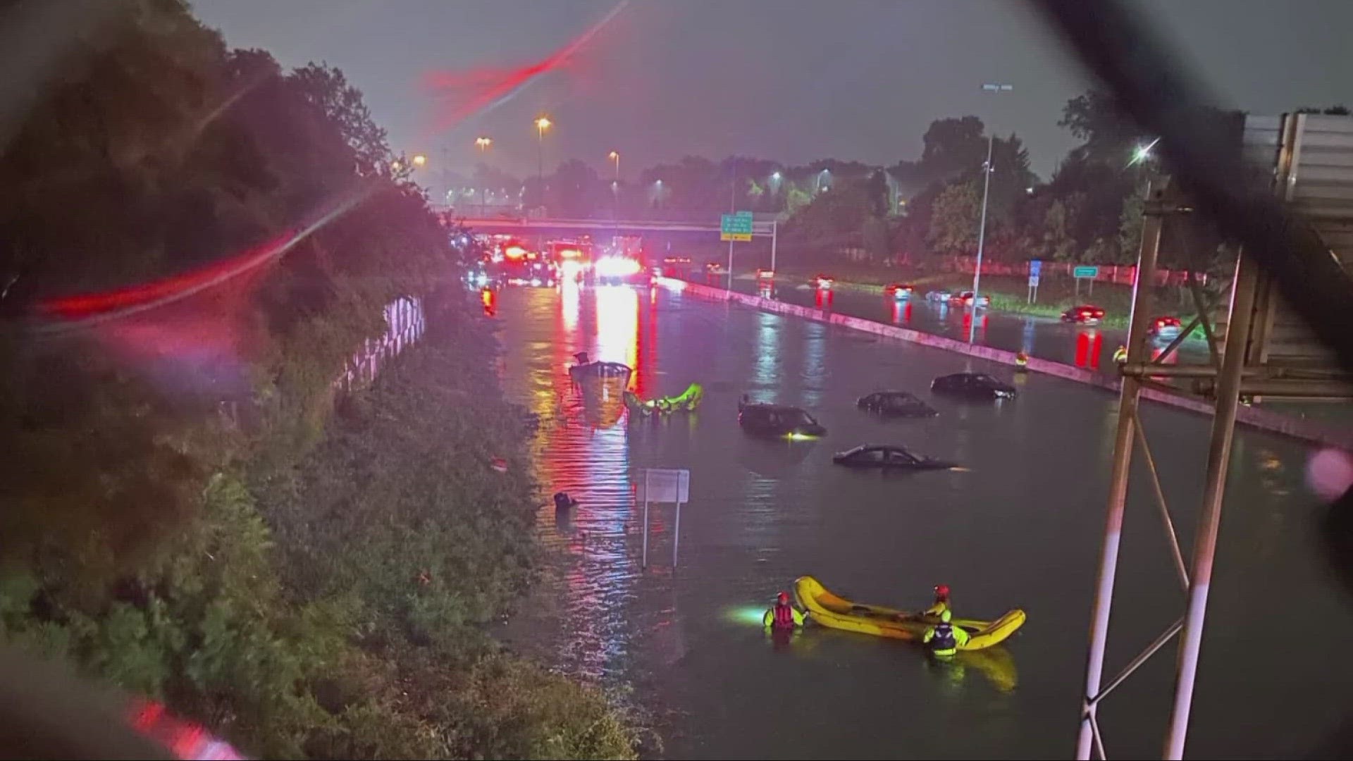 As strong storms swept through Northeast Ohio on Wednesday evening, authorities say 10 people had to be rescued from a flooded portion of I-90 in Lakewood.