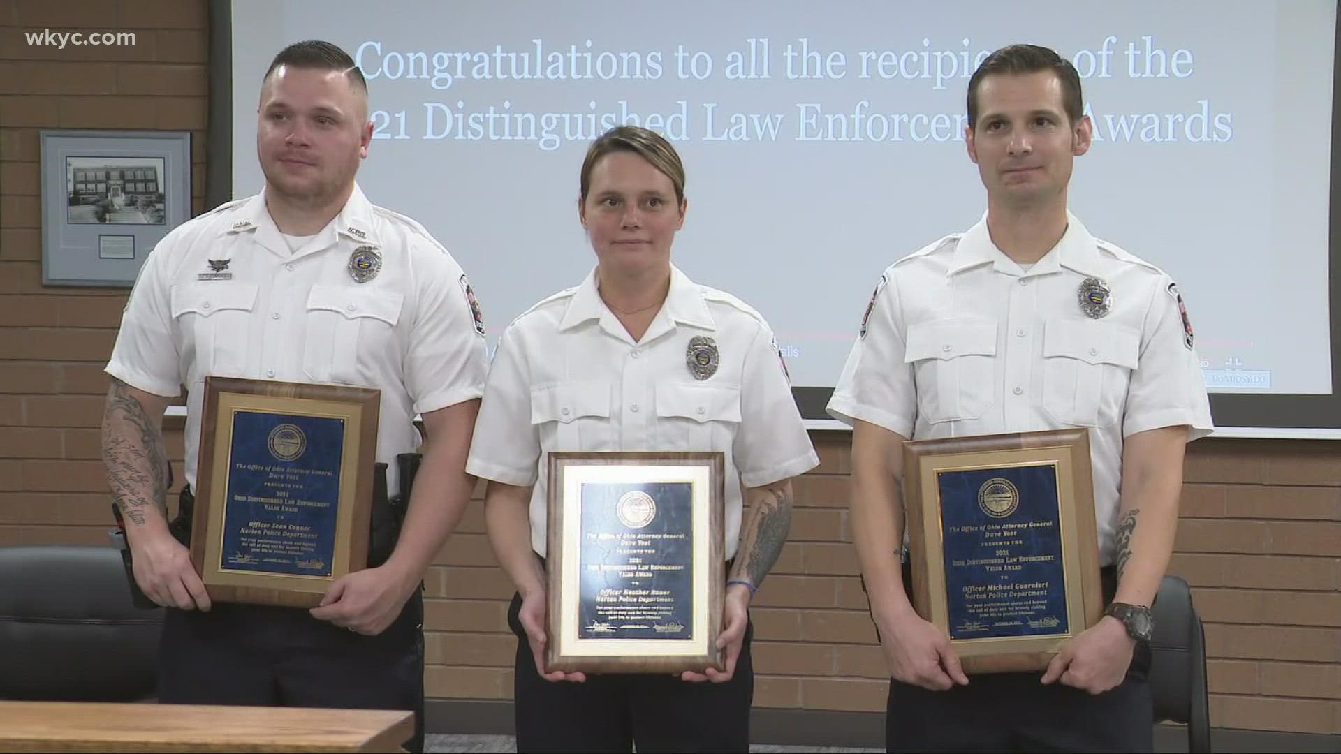 Yost honored officers Heather Bauer, Sean Conner and Michael Guarnieri. The trio saved an elderly couple from a fire last year.