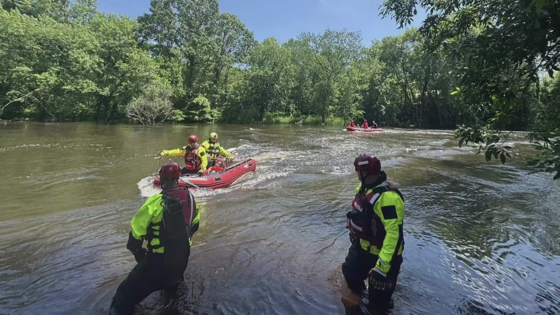 Officials say 23 people and 6 dogs were rescued directly from the river by fire and rescue crews. Another 28 people and 2 dogs were assisted safely out of the water.