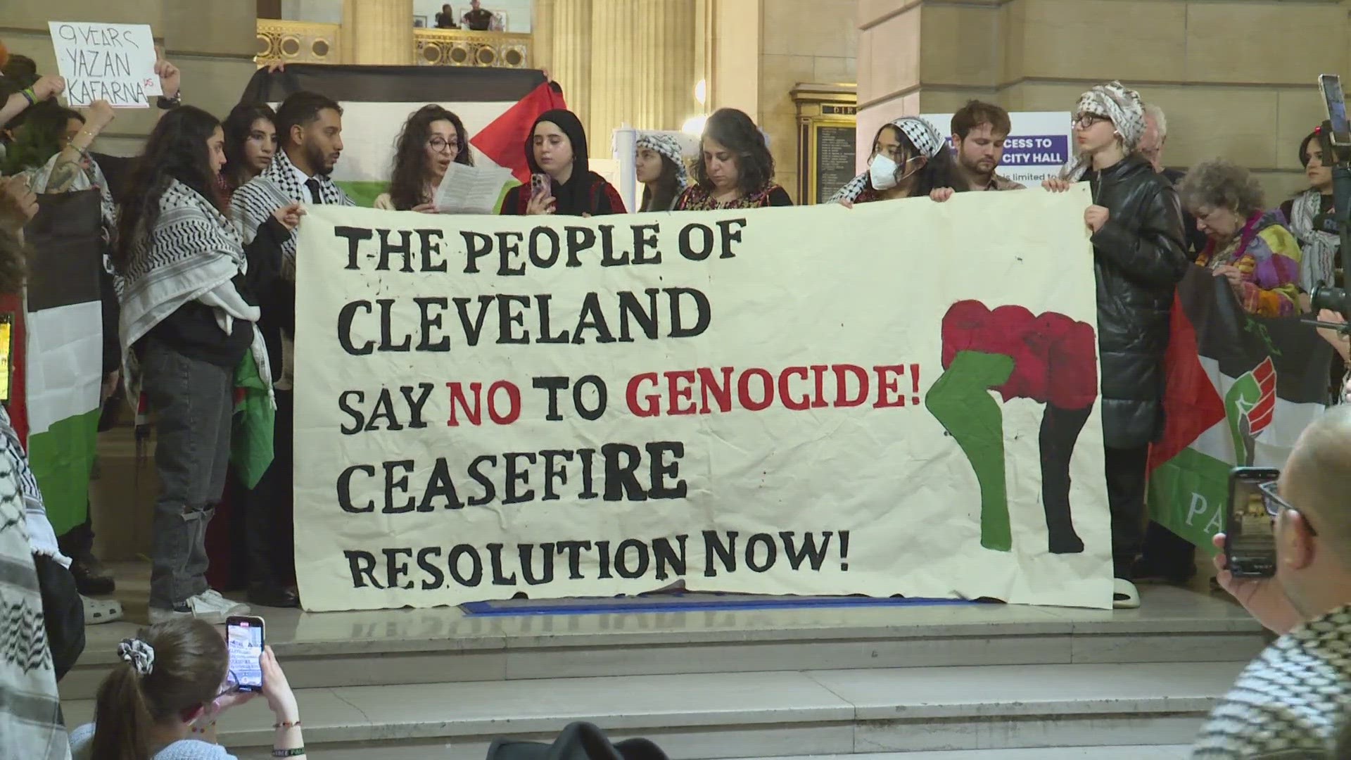 In the entryway to Cleveland City Hall, protestors voted on their resolution, called 'The People's Ceasefire Resolution,' affirming support for Palestine.