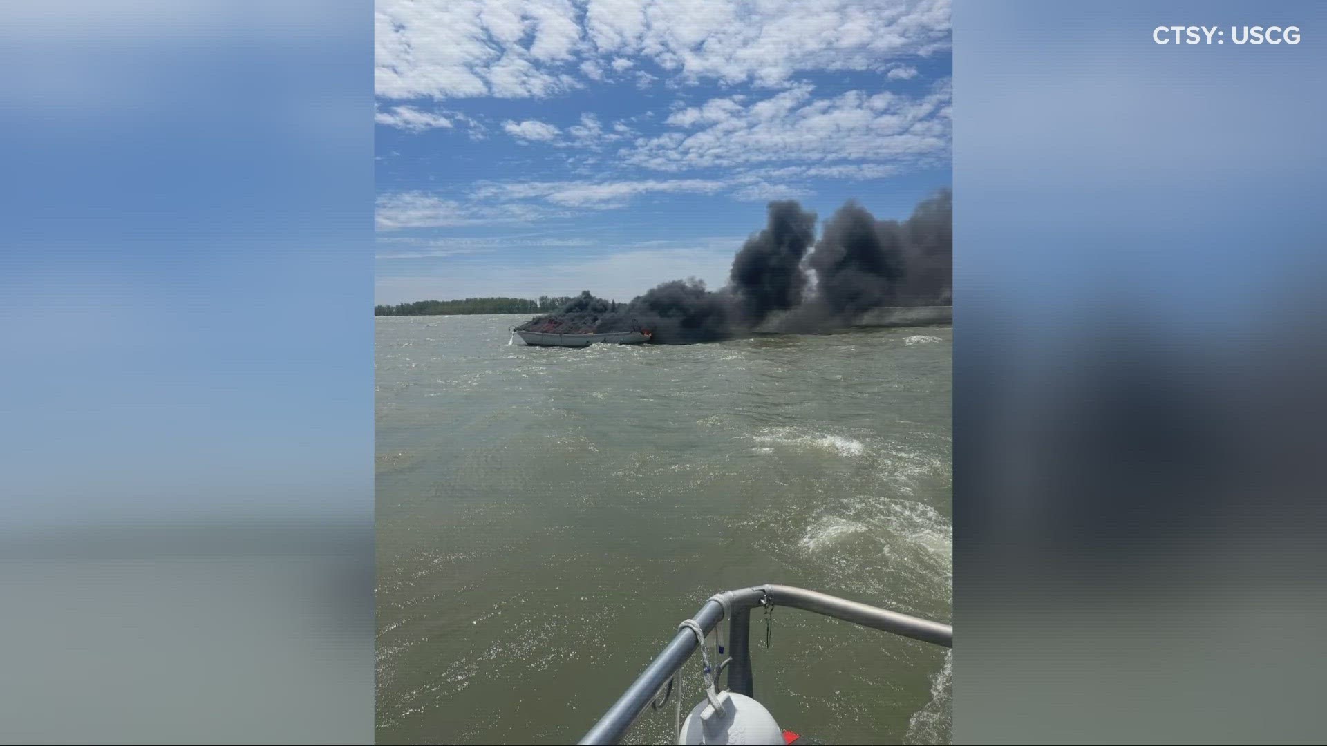 The U.S. Coast Guard says the 25' vessel became engulfed in flames on Sunday morning.
