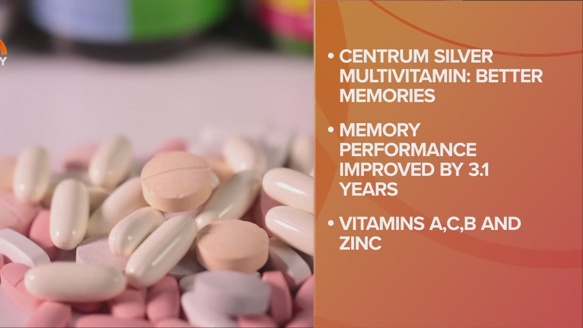 A recent trial found that people ages 60 and older who took a daily multivitamin showed an estimated 3.1 fewer years of memory loss than those who took a placebo.