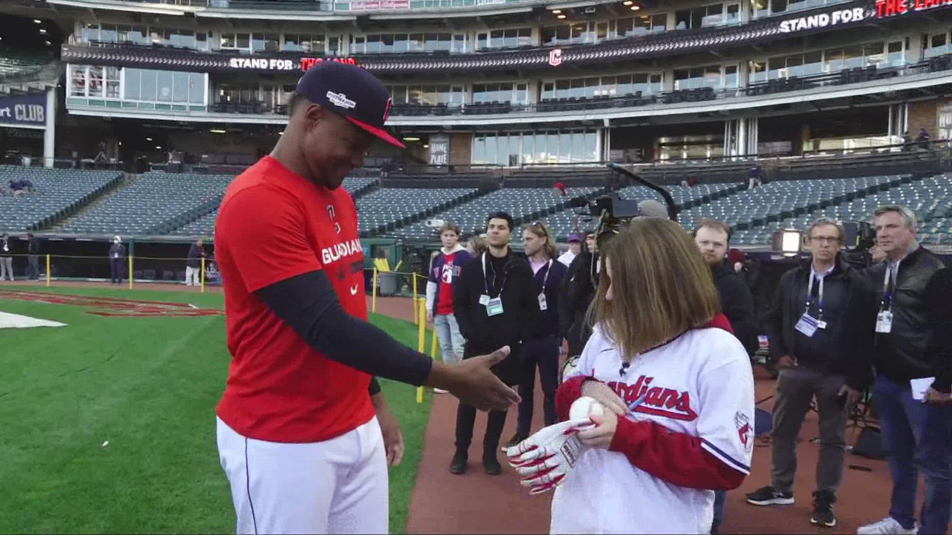 Megan Forshey graciously returned the special baseball to Oscar Gonzalez, but the Gonzalez and the Guardians weren't going to let her walk away empty handed.