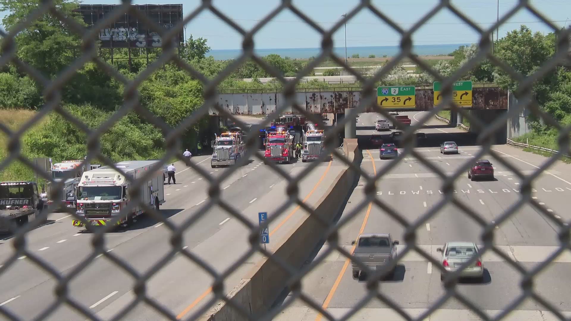 Cleveland fire officials say the overturned truck was carrying dry cement. No injuries were reported.