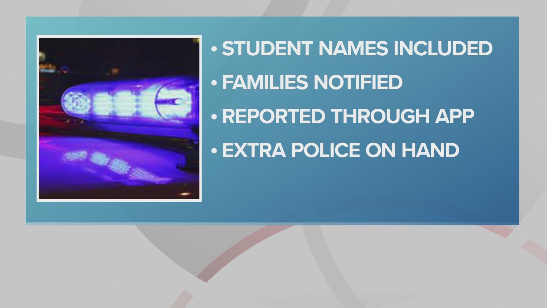 According to officials, the threat involved 'a list of student names,' and administrators were alerted to its existence through the district's 'STOPit' app.