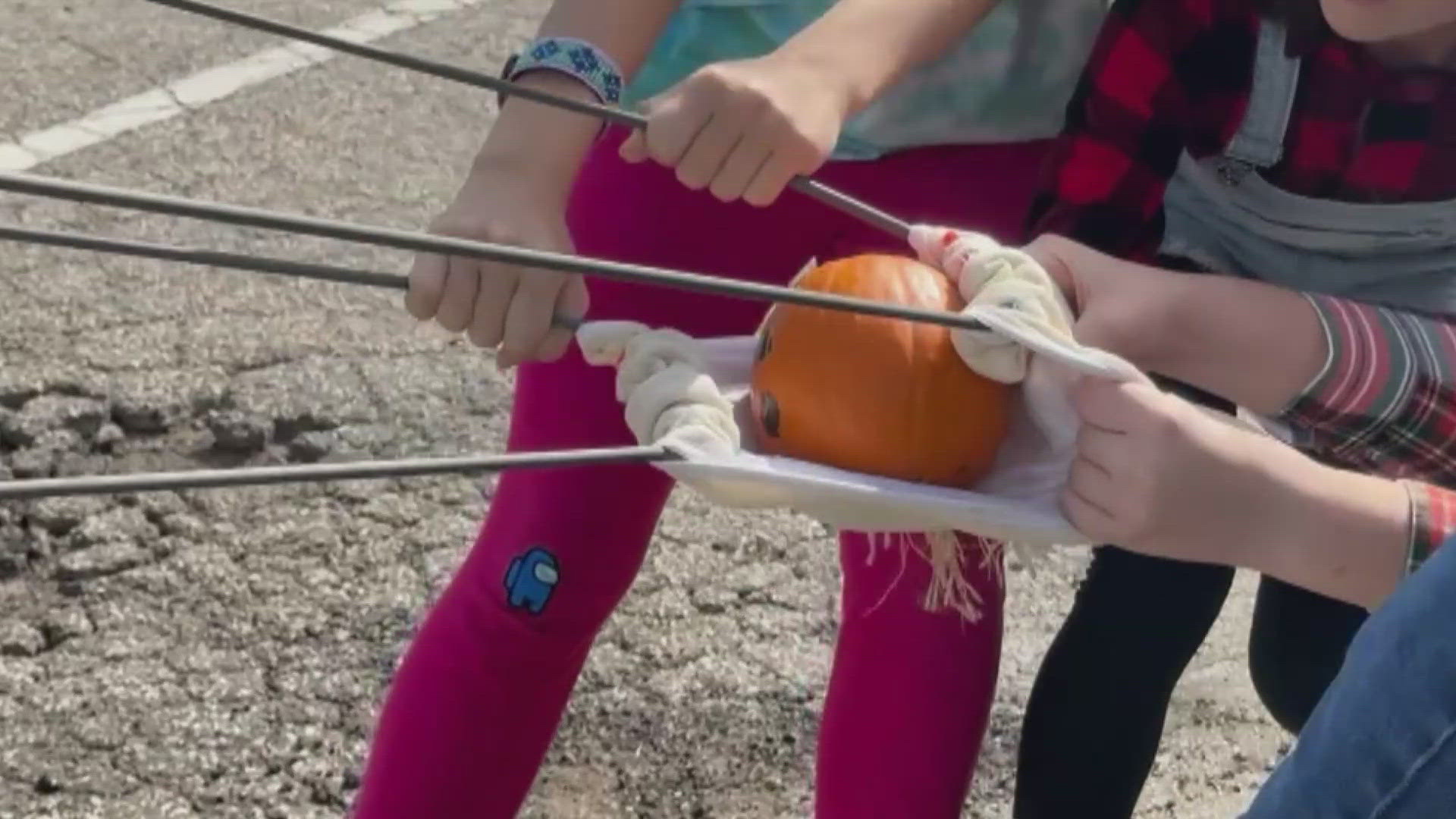 More than 100 students in Bay Village got together today to chuck some pumpkins.