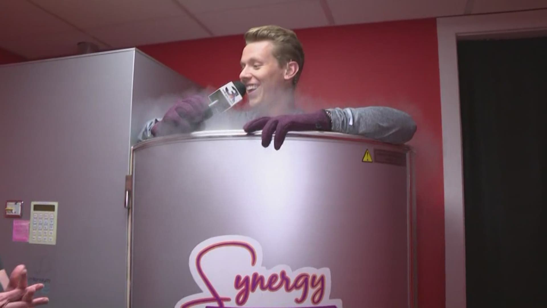 April 18, 2018: The newest member of the WKYC team stepped inside a chilled chamber at Synergy Sports Therapy used for cryotherapy.