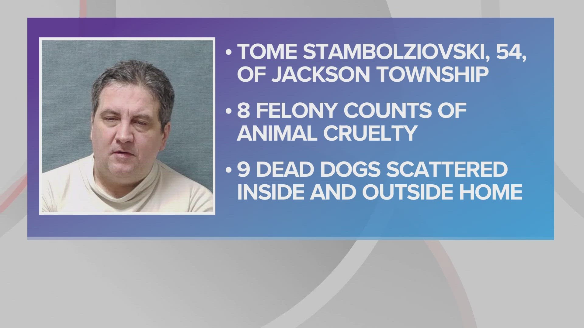 Tome Stambolziovski, 54, of Jackson Township is charged with eight counts of animal cruelty.