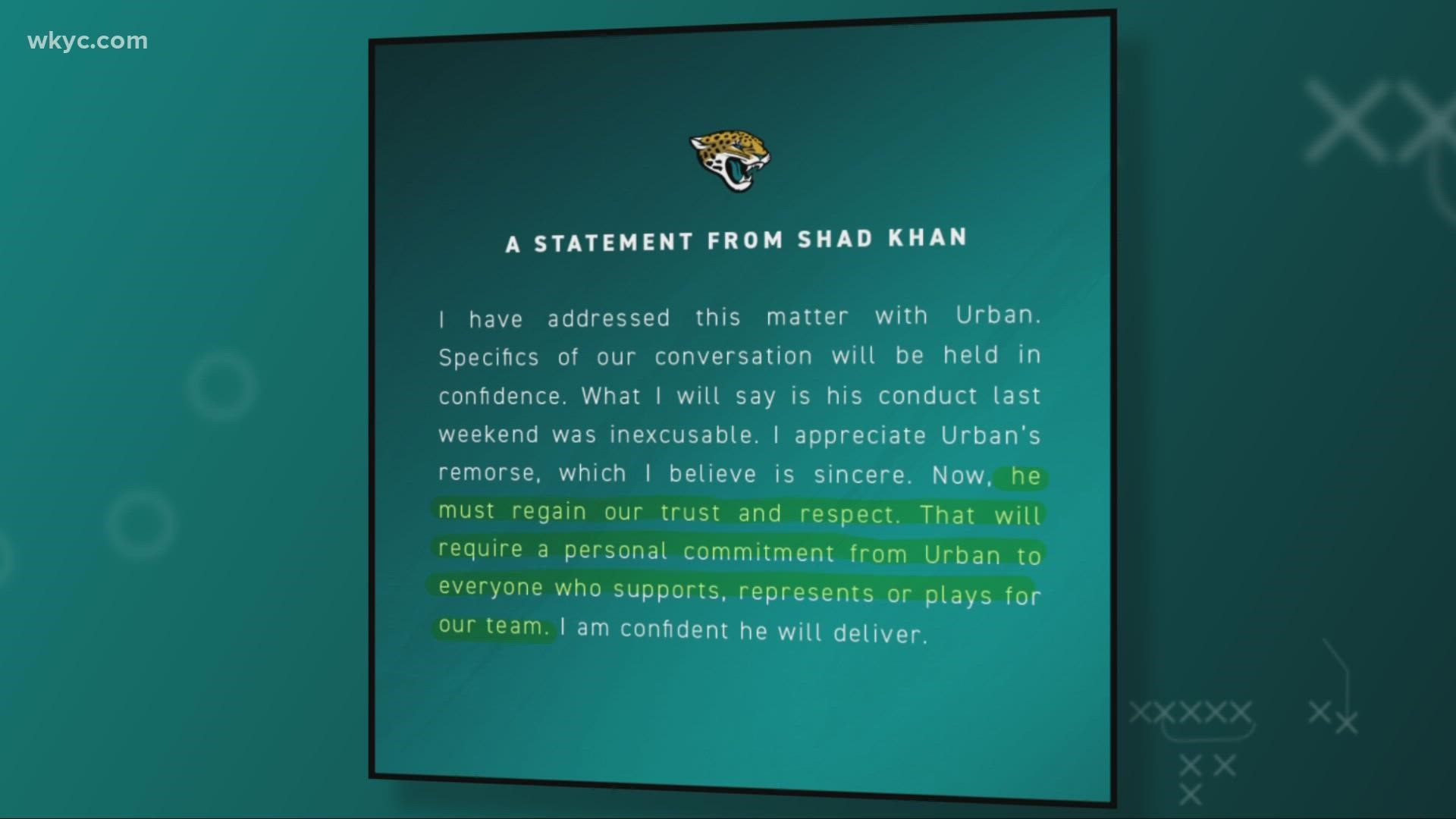 Inexcusable .That's the reaction from Jacksonville Jaguars owner Shad Khan on former Ohio State football coach and current Jaguars head coach, Urban Meyer