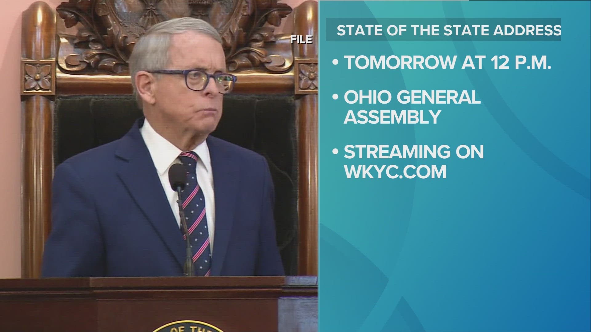 DeWine will address a joint session of the Ohio General Assembly on Wednesday at the Ohio Statehouse. 3News plans to stream the governor's speech live.