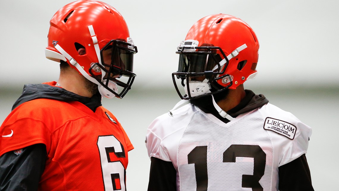 Cleveland Browns wide receiver Damon Sheehy-Guiseppi attempts to catch a  pass against cornerback Lenzy Pipkins at the team's NFL football training  facility in Berea, Ohio, Tuesday, June 4, 2019. (AP Photo/Ron Schwane