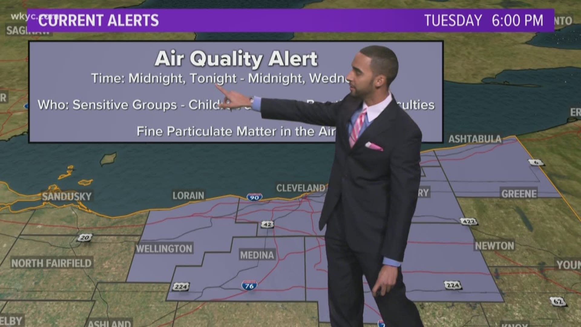 Ashtabula, Cuyahoga, Geauga, Lake, Lorain, Medina, Portage, and Summit Counties are under the alert. Air levels have been deemed "unhealthy for sensitive groups."