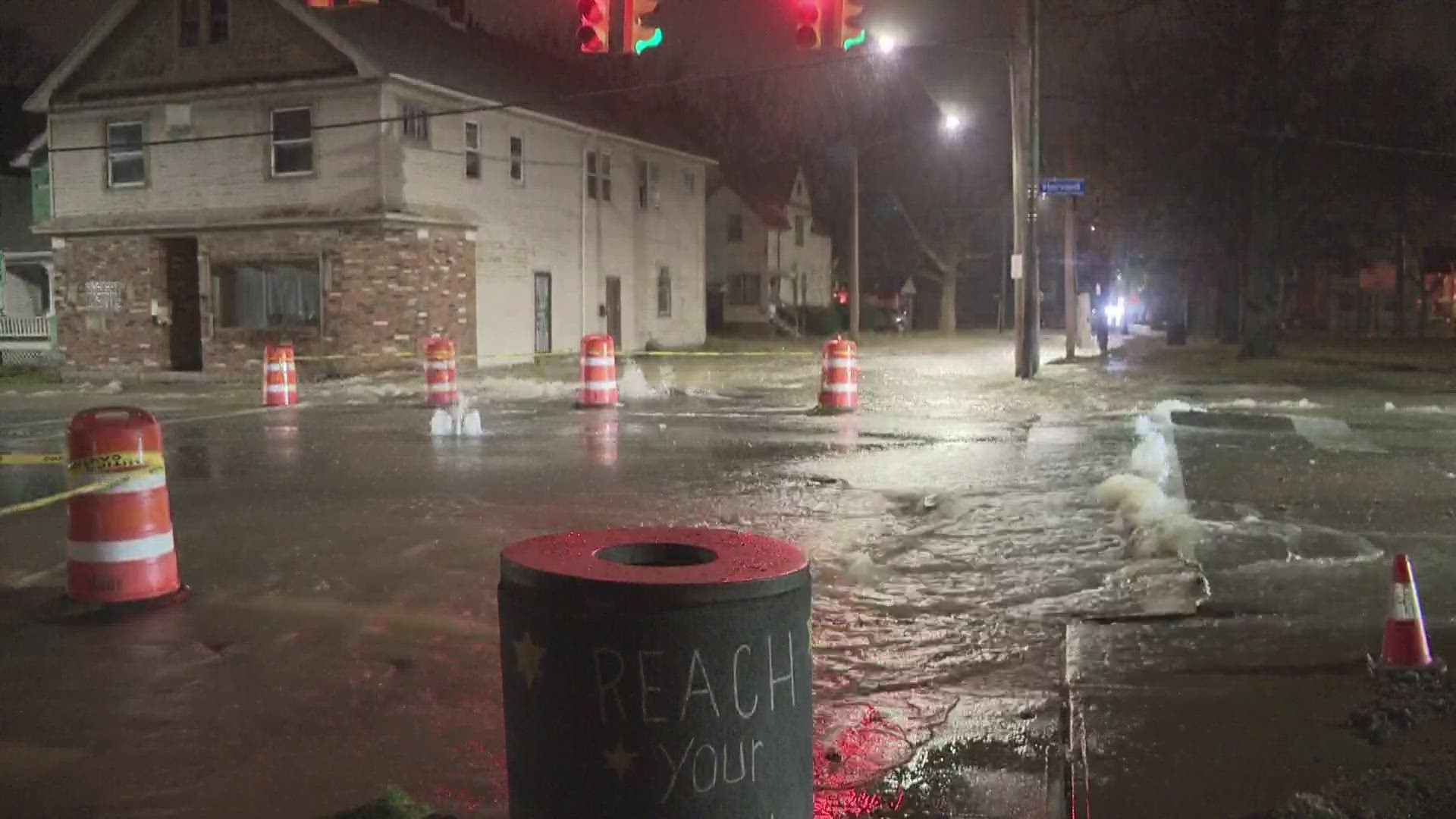 The roadway has turned into a river due to a water main break in Cleveland.