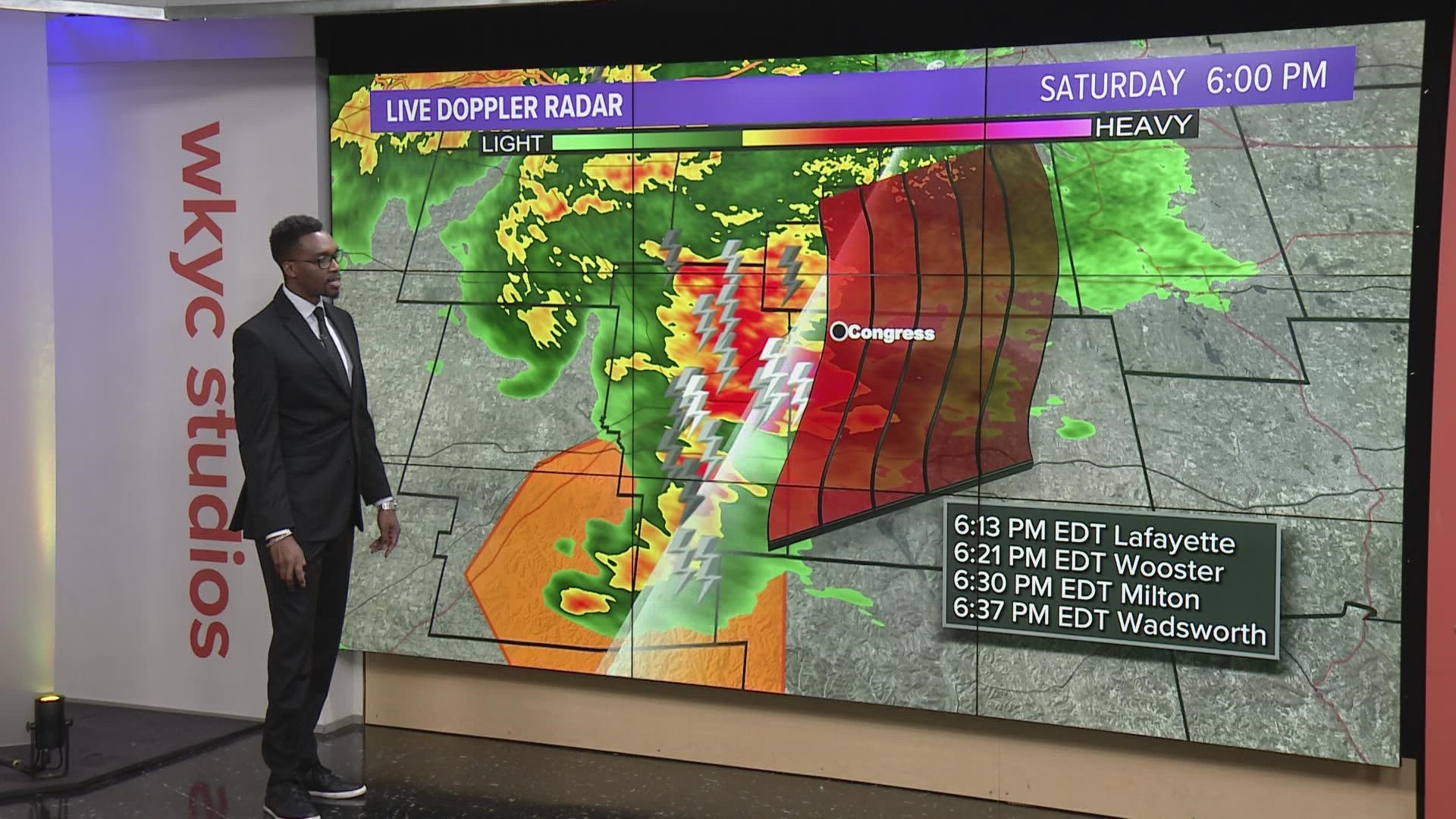 Communities expected to be hit hardest include Mansfield, Ashland, and New London, with wind gusts of up to 60 miles per hour and quarter-sized hail possible.