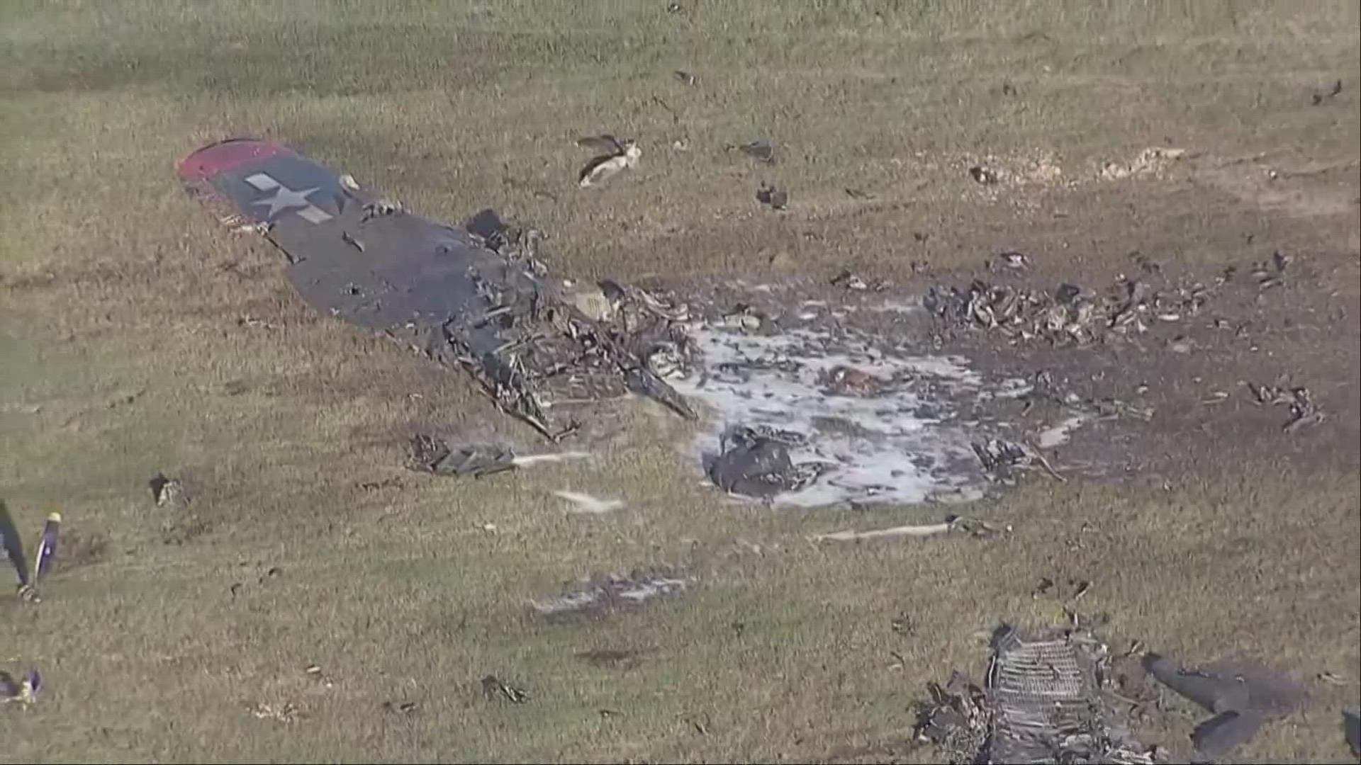 The Boeing B-17 Flying Fortress and a Bell P-63 Kingcobra collided and crashed around 1:20 p.m., the Federal Aviation Administration (FAA) said in a statement.