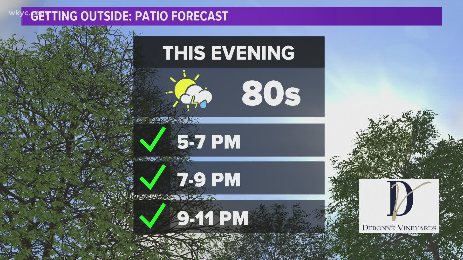 For tonight, look for a slight chance of a shower then partly cloudy by morning with a low of 64. Tomorrow, mostly sunny and pleasant and a high of 78.