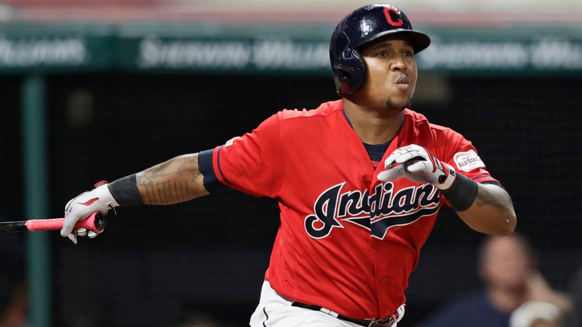 17 September 2016: Cleveland Indians Infield Jose Ramirez (11) [9522] is  mobbed by teammates after hitting a single with the bases loaded to drive  in the game-winning run in the tenth inning