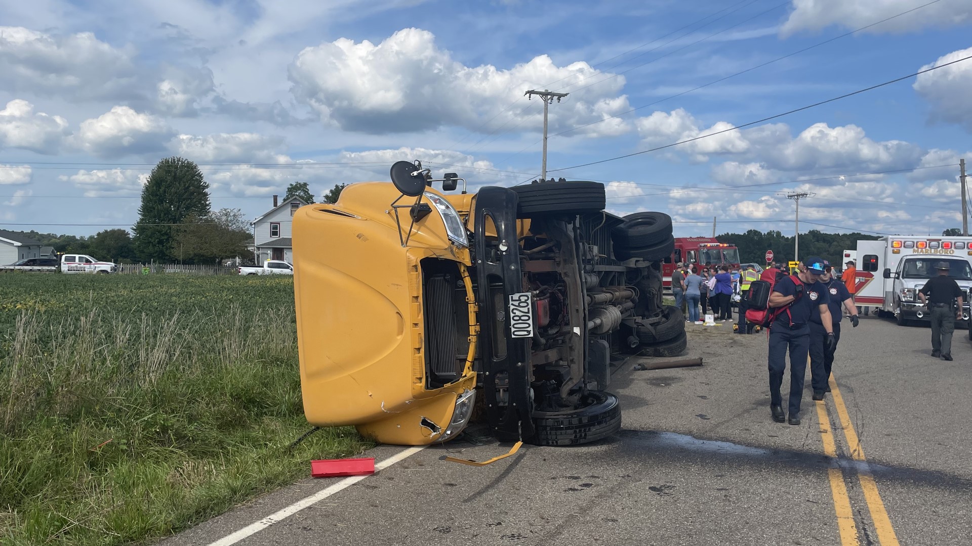 Six people were hospitalized after a Marlington Local Schools bus overturned on Monday. The driver, Debra Weisel, was cited for failure to control a motor vehicle.