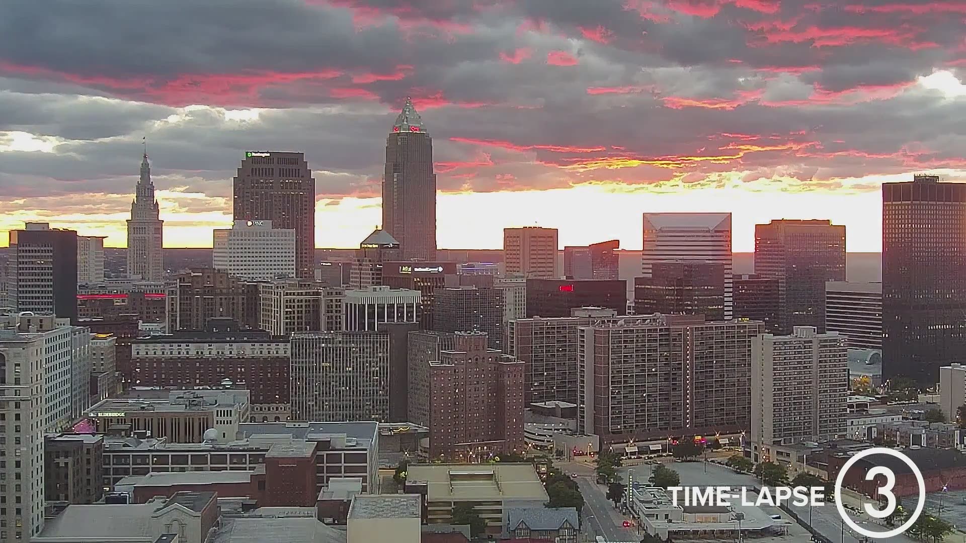 Pretty sunset tonight from the WKYC Studios CSU Cam. If you look carefully to the right of Key Tower near the end of the video, you will see the moon setting too.