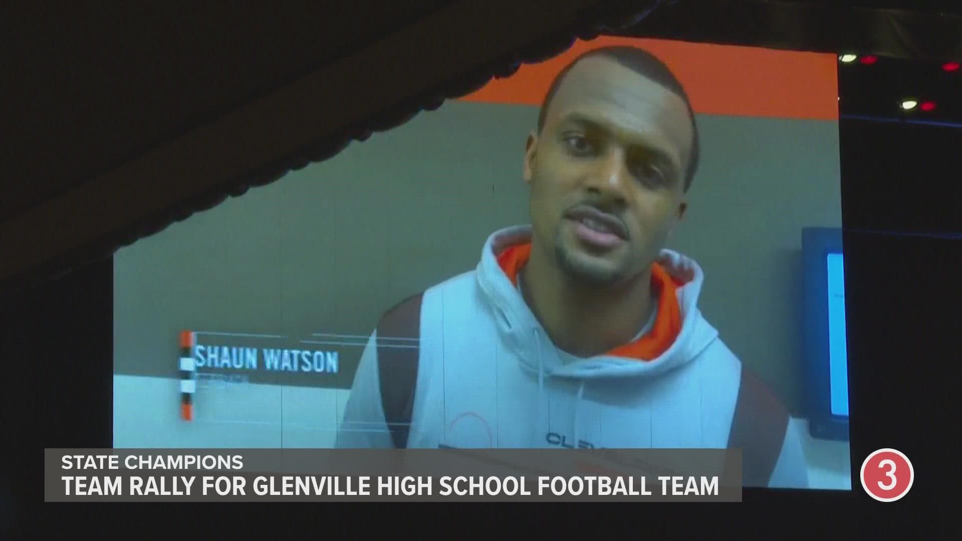 Members of the Cleveland Browns roster congratulated the Glenville High School football team on winning its first state championship.