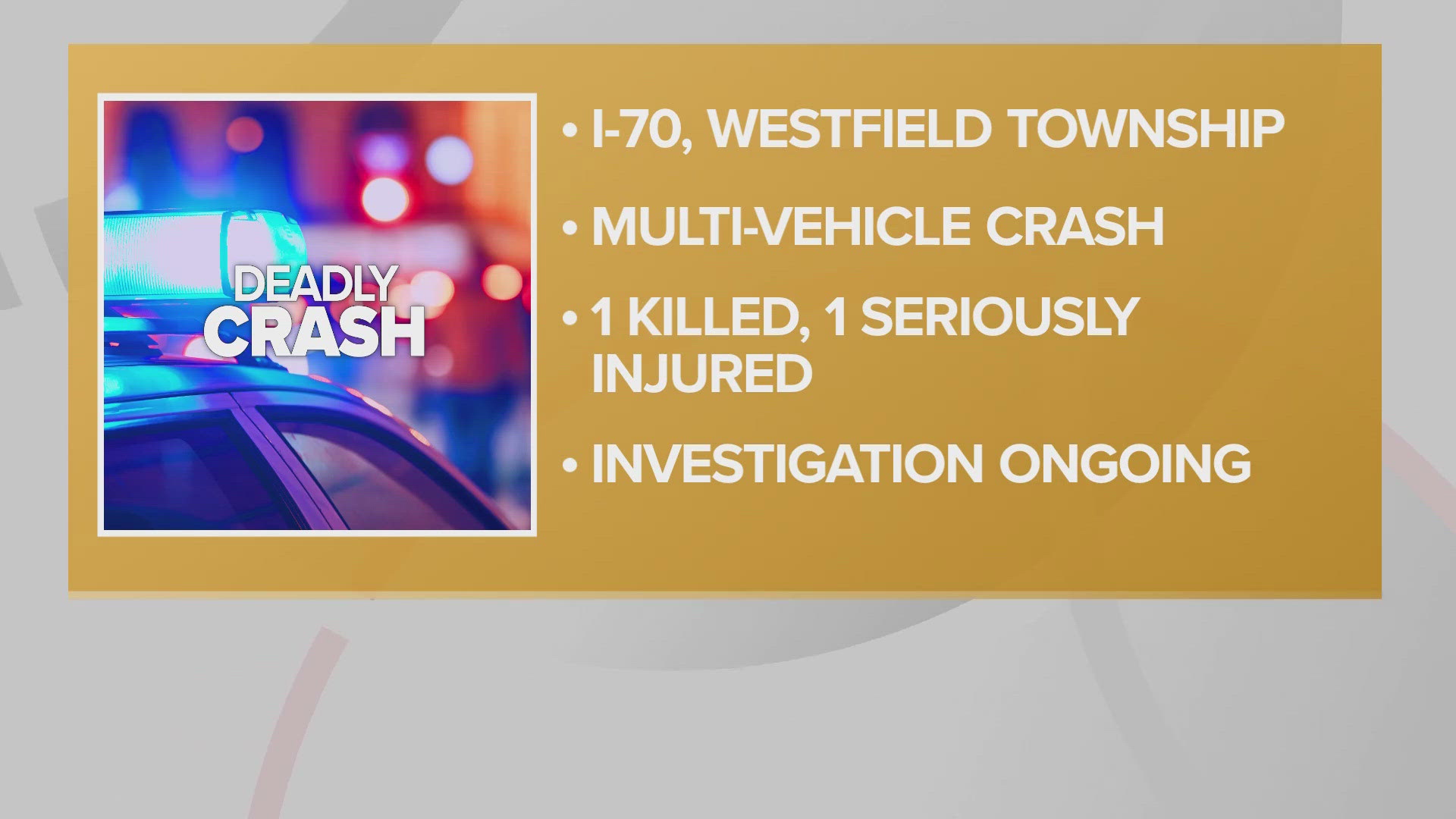 The Ohio State Highway Patrol says one person is dead and another is badly injured following a crash on Interstate 71 in Medina County early Thanksgiving morning.