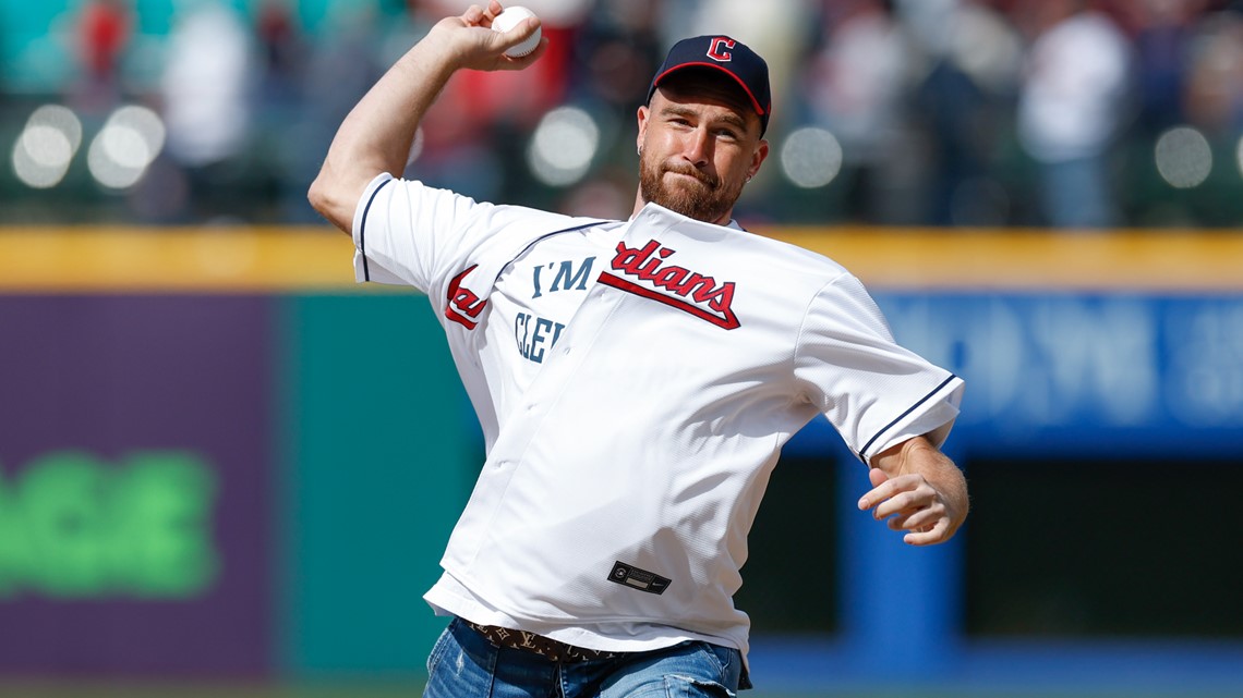 Travis Kelce's 1st pitch with Guardians goes awry, to delight of Patrick  Mahomes