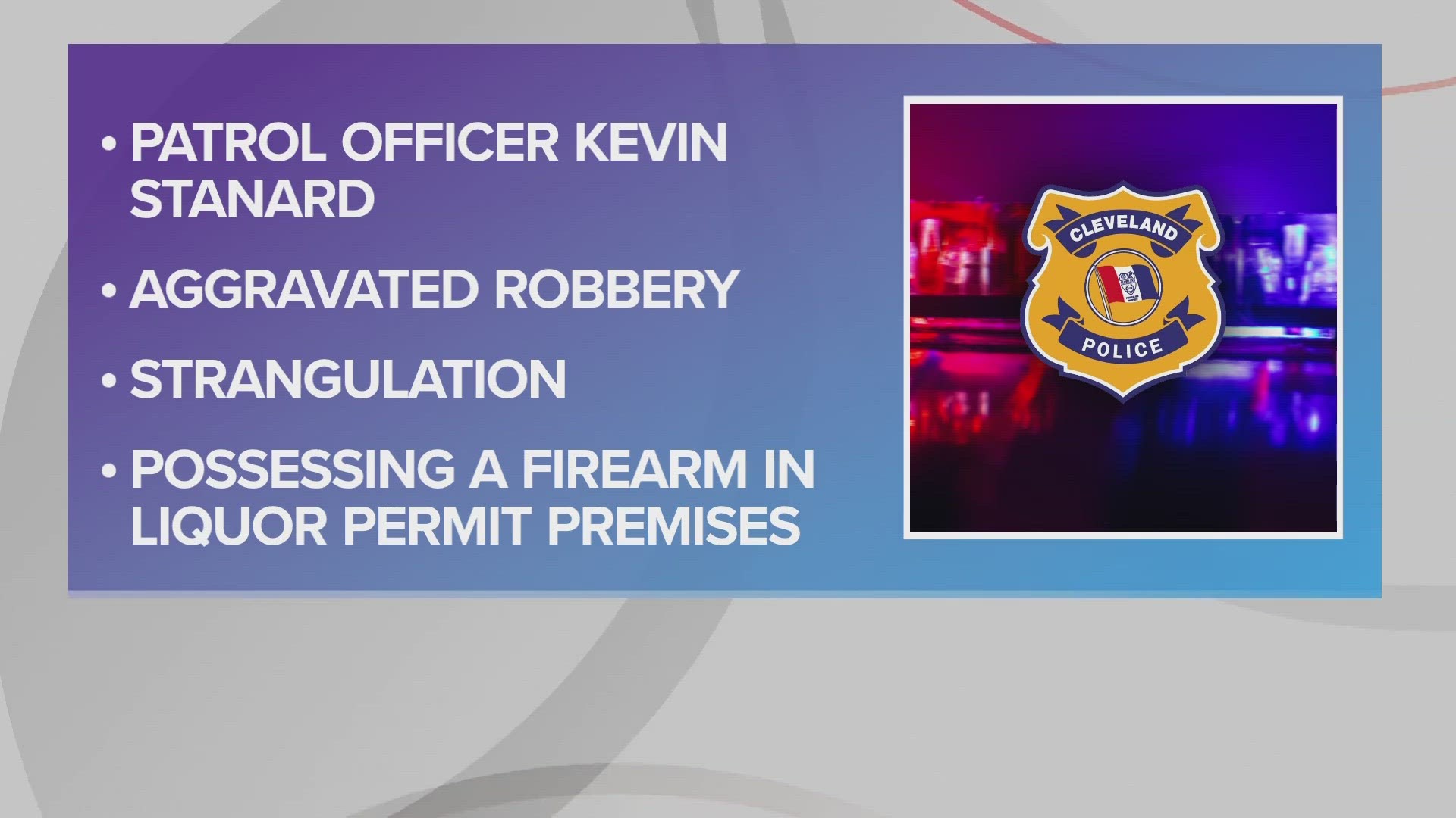 Cleveland police say patrol officer Kevin Stanard, who was hired in March of 1997, was most recently assigned to the 5th District.