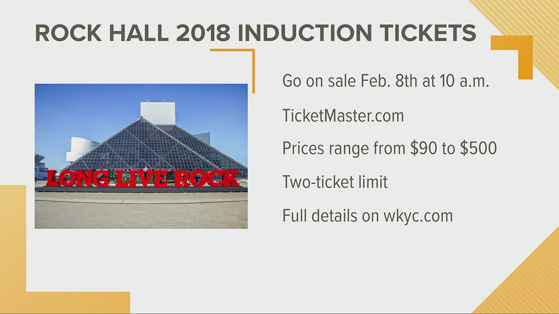 Jan. 24, 2018: Tickets for the 2018 Rock and Roll Hall of Fame induction ceremony in Cleveland will be up for grabs at 10 a.m. Feb. 8. A two-ticket limit applies to all purchases. Are you a Rock Hall member? You can get tickets starting Feb.6.