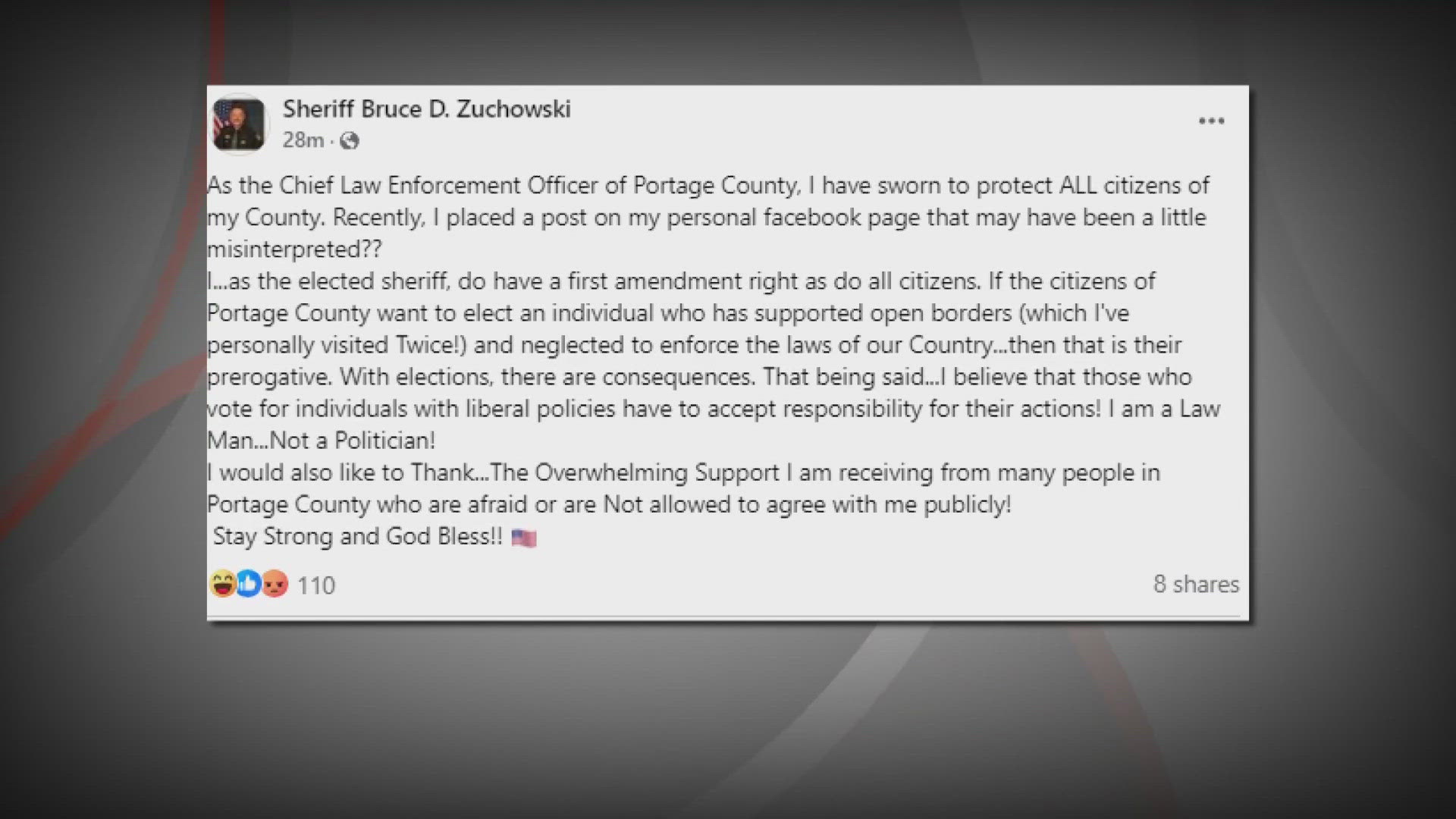 Sheriff Bruce D. Zuchowski, who took office in 2021, made the remarks in Facebook posts shared to two separate accounts on the night of Sept. 13.