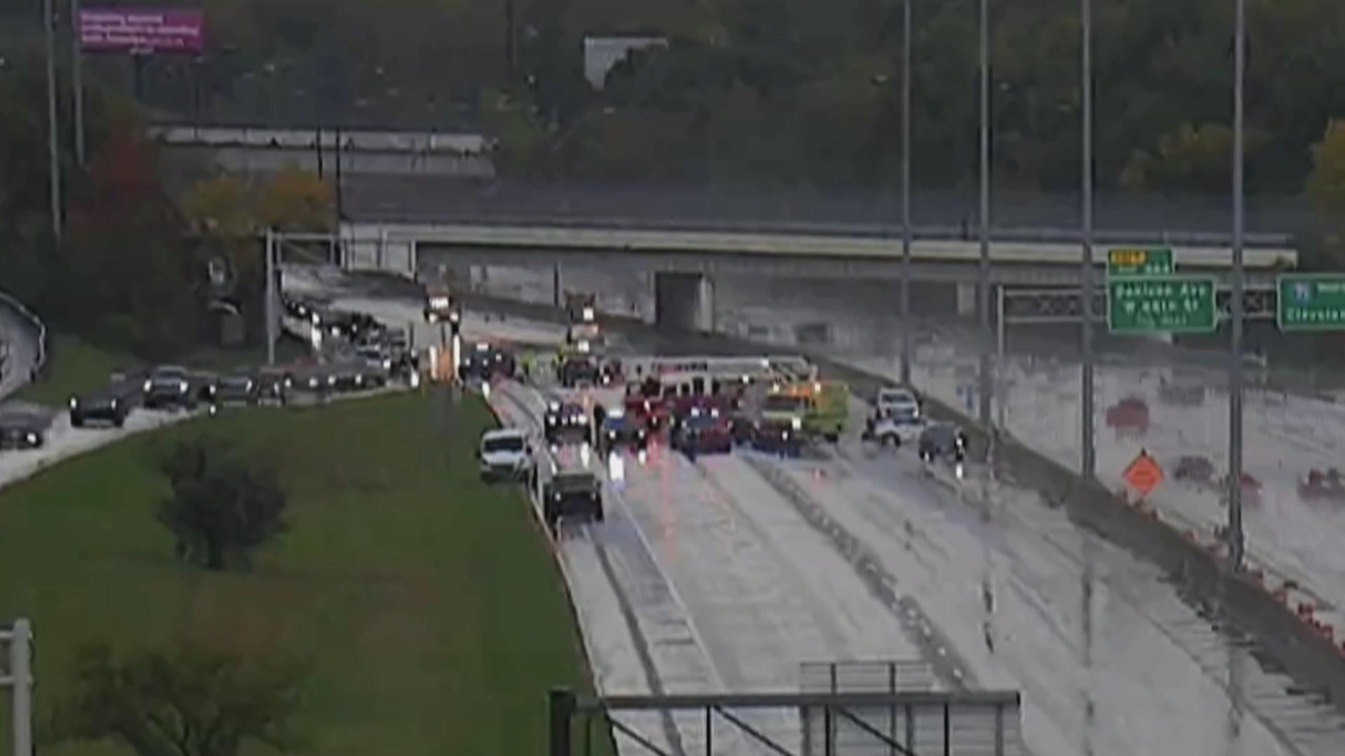 All lanes are blocked on I-71 South at W 130th St, due to a crash.