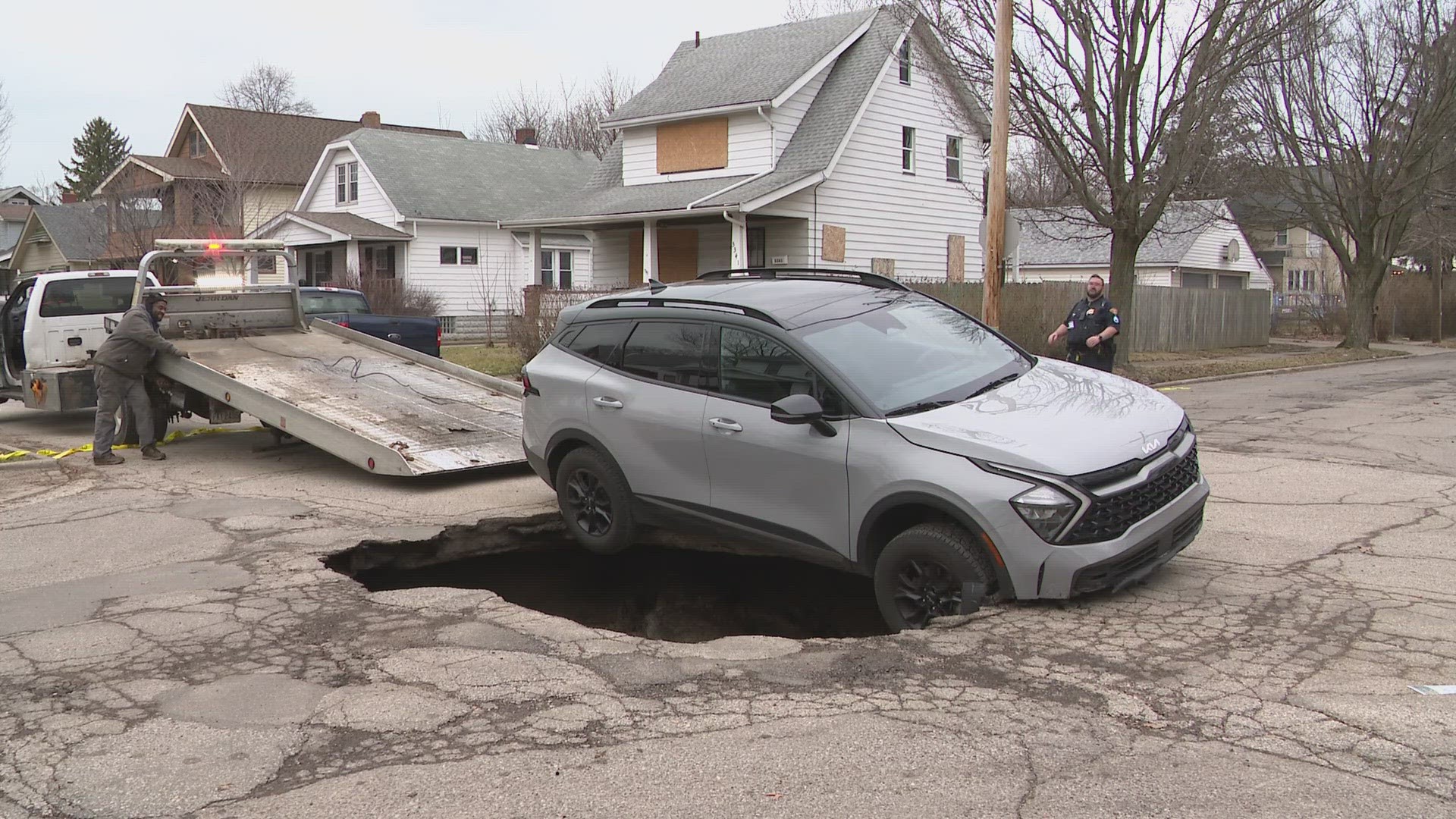 The sinkhole is at West 128th Street and Belden Avenue in Cleveland's Jefferson neighborhood.