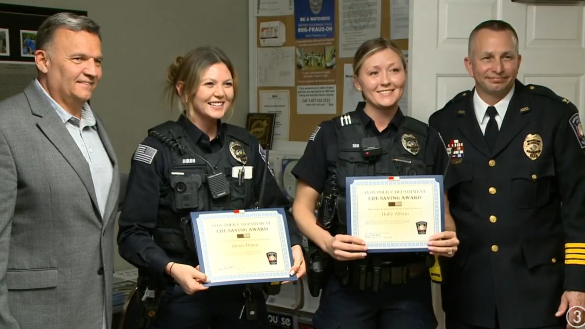 Officers Alexis Dixon and Holly Alferio were recognized with the department's Life Saving Award during Monday's Avon City Council meeting.
