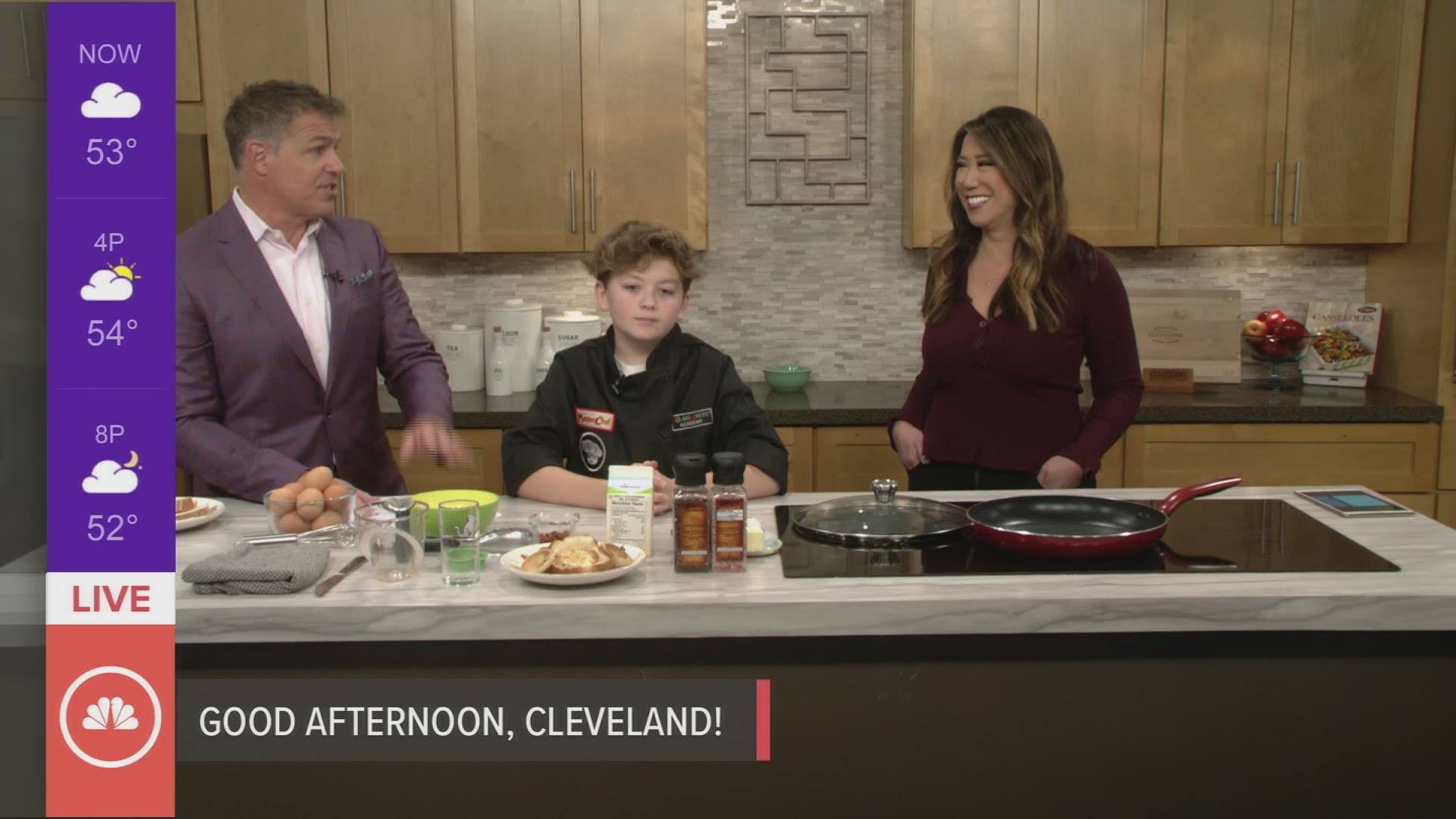Junior Master Chef Miles Juhasz, who is just 11 years old, teaches Jay Crawford and 3News’ Lynna Lai how to make a tasty breakfast dish on Lunch Break.