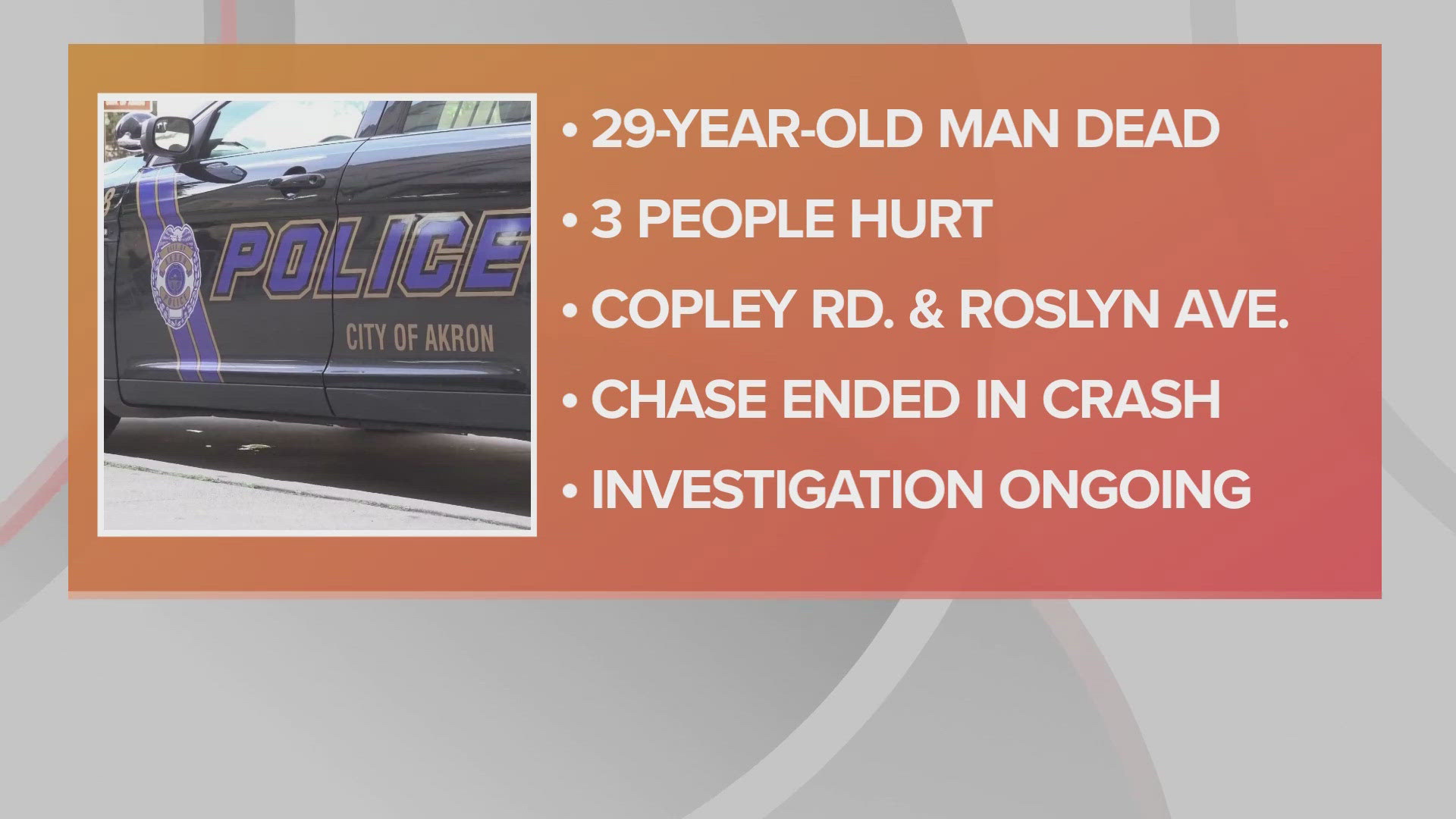 'The pursuit traveled down several residential streets in the Copley Road area before it was canceled due to unsafe speeds about a minute after the chase began.'