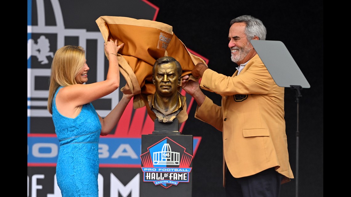 They've taken their places. The bronze busts of the nine members of the Pro  Football Hall of Fame's Class of 2023 are now home.