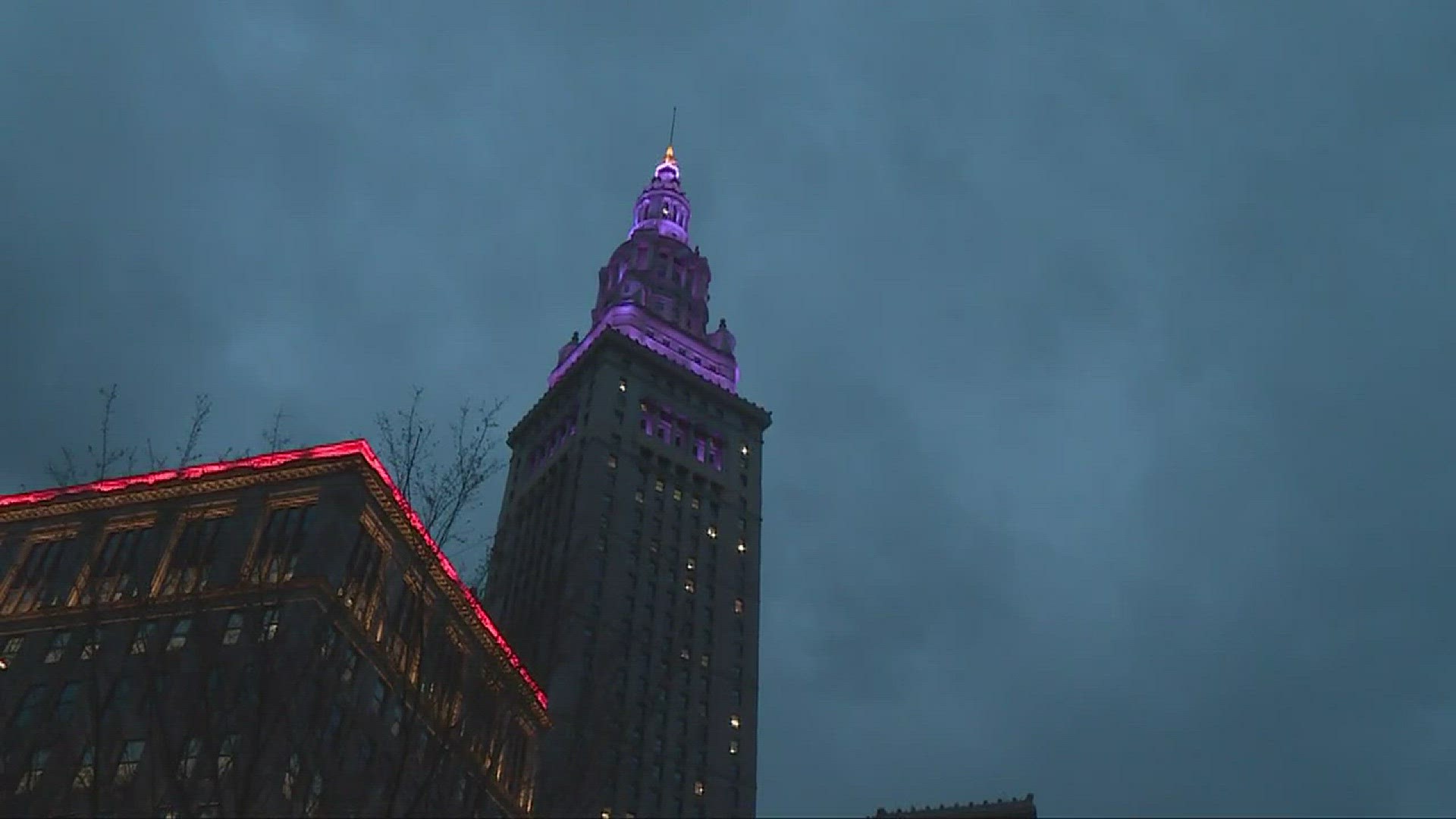 Terminal Tower lights up purple for Spinal CSF Leak awareness